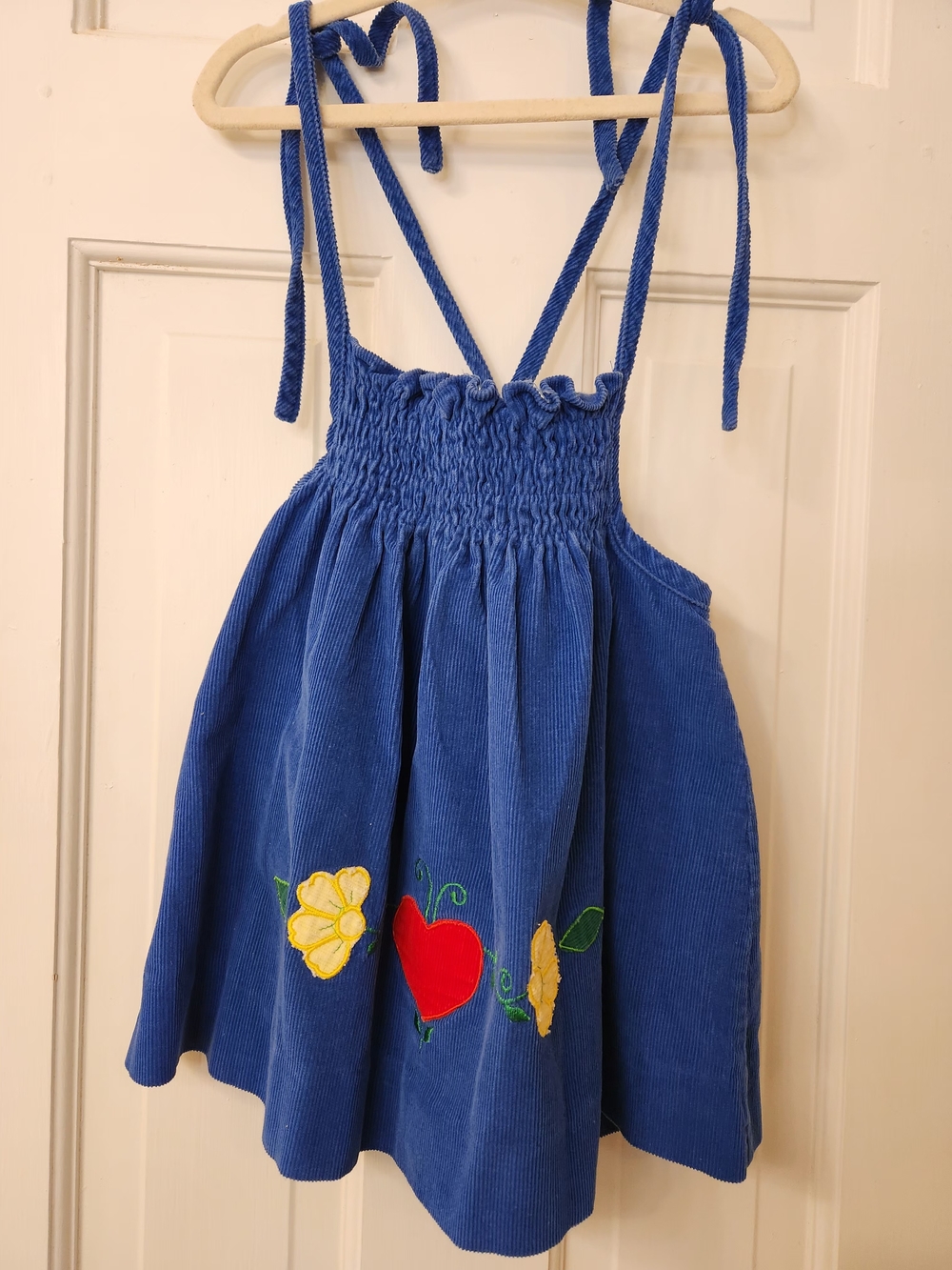 Vintage Girls Blue Corduroy dress with Appliqué Hearts and Flowers